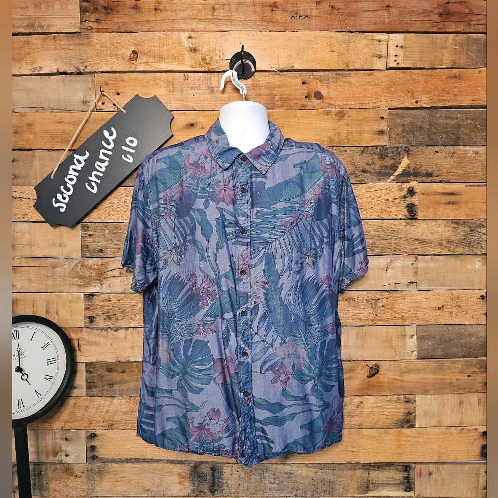 Goodfellow Men's tropical Floral Hawiian Short Sleeve Blue button-up Shirt Sz XL